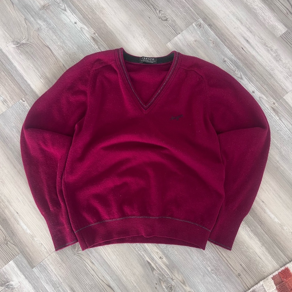 VINTAGE Jaeger London Oxblood Red V-Neck Sweater | 100% Pure Lambswool |